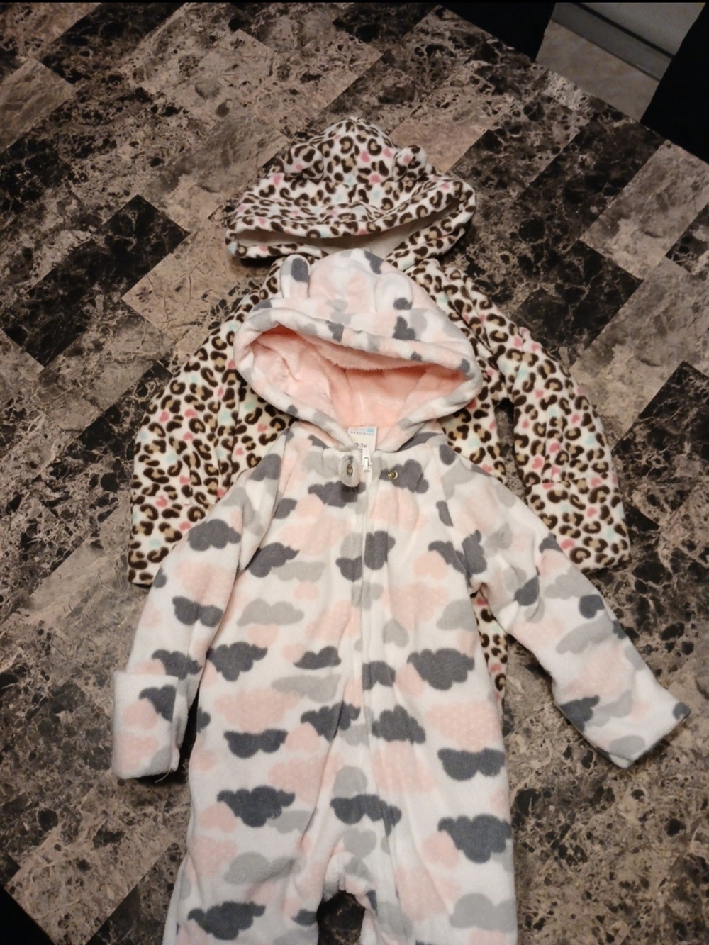 Baby Hooded Fleece Coverall with Leopard Hat - Pink & Gray Cloud Print